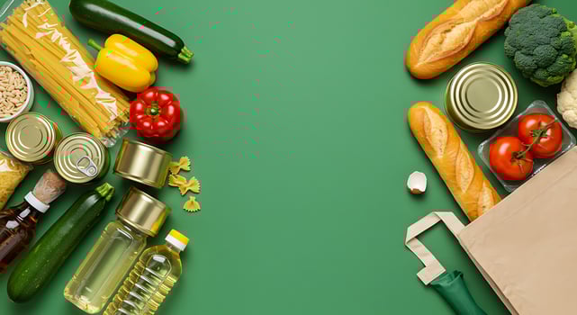 Food and grocery items on green background photo