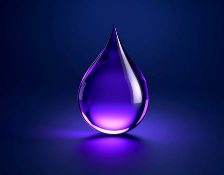 Glossy liquid drop of amethyst rests on deep midnight blue canvas, creating striking visual contrast that evokes sense of tranquility and elegance photo