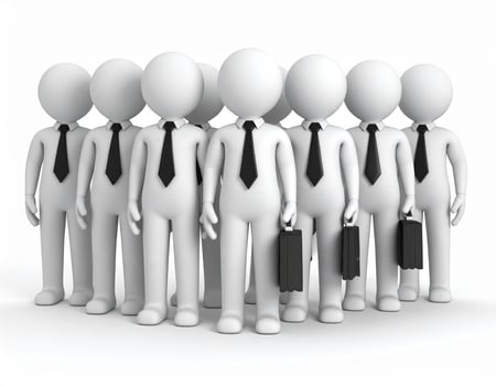 Business team figures standing together, showcasing unity and professionalism. Each figure is dressed in suit and tie, holding briefcases, symbolizing successful corporate environment photo