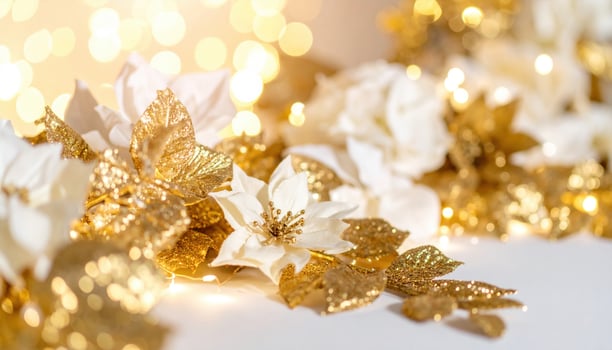 Stunning arrangement of gold and white floral motifs, featuring intricate details and shimmering accents, creates captivating atmosphere filled with elegance and charm photo