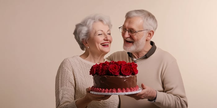 Happy senior couple holding valentine's day cake with red roses photo