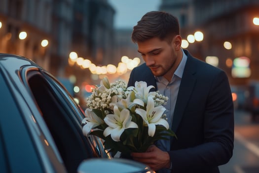 Elegant man placing white lilies bouquet in car on valentine's day photo
