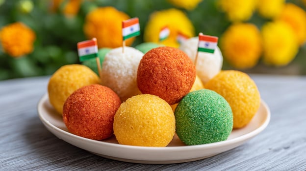 Traditional Indian food showcasing colorful sweets for Independence Day celebration, featuring ladoo and jalebi surrounded by vibrant flowers photo
