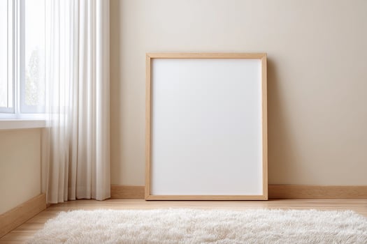 Empty picture frame for mockup placed on wooden floor next to bright window with curtains in modern room setting during daylight hours photo