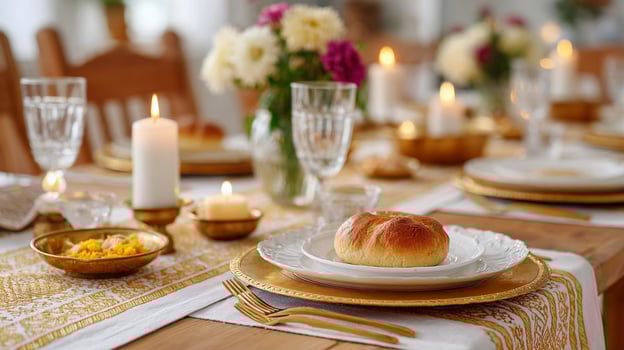 Elegant Indian dining table set with candles, flowers, and delicious rolls for a special occasion during evening hours photo