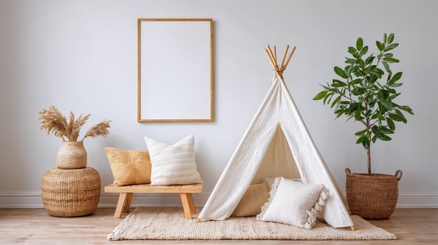 In a lovely nursery designed for a newborn, a blank frame for wall art mockup hangs against a light wall. A cozy teepee, decorative pillows, and natural elements in the interior. photo