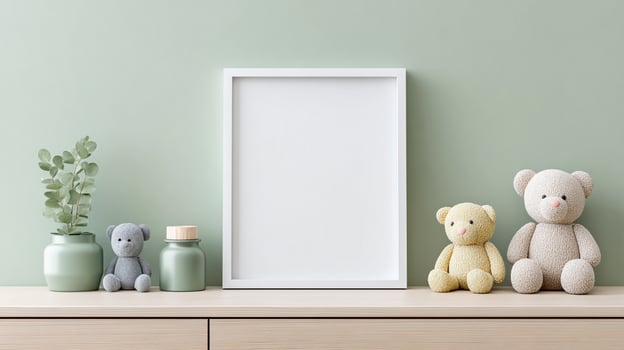 Blank vertical frame for wall art mockup displayed on a wooden shelf alongside colorful plush toys in a cozy Scandinavian sage green tones nursery setting photo