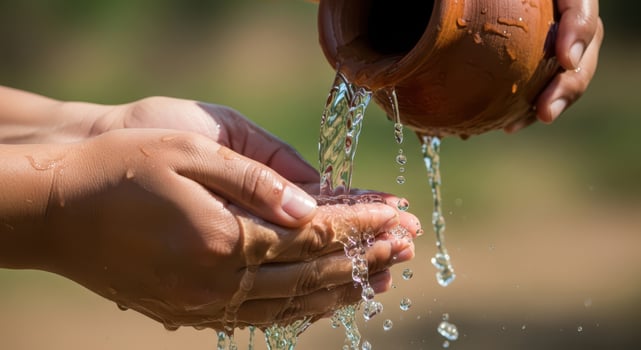 Closeup of hands receiving clean water poured from a clay pot, symbolizing purity photo
