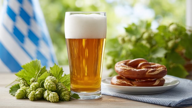 Refreshing beer served with soft pretzel and fresh hops in a Bavarian setting during a Oktoberfest photo
