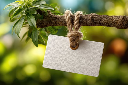 Blank white tag mockup with jute knot and green leaves. Empty blank for text and message, marketing and advertising photo
