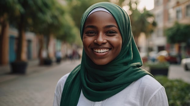 A smiling woman wearing a green headscarf photo