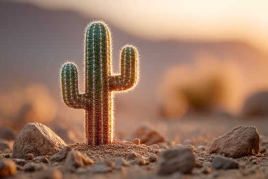 Lone cactus with sharp spines growing from rocky desert soil in a realistic arid landscape photo