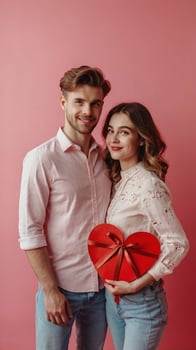 Happy couple holding red heart shaped box on pink background photo