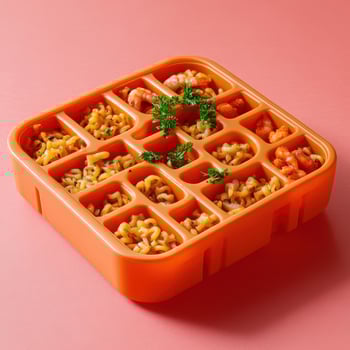 A square container filled with pasta and vegetables photo