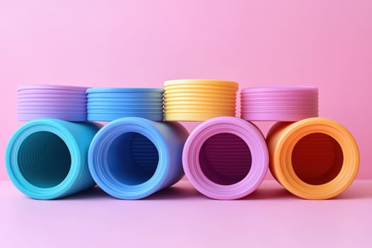 Colorful plastic tubes on a pink background photo