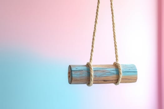 A wooden rope swing hanging from a wall photo