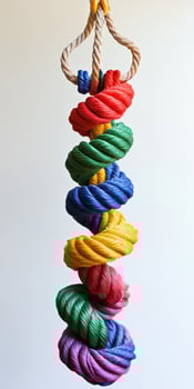 A colorful rope toy hanging from a rope photo