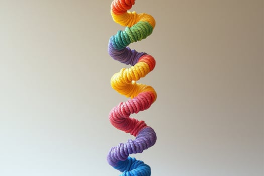 A rainbow colored spiral is hanging from a string photo