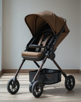 The stroller is made from brown fabric photo