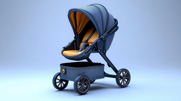 A baby stroller with a blue and orange cover photo