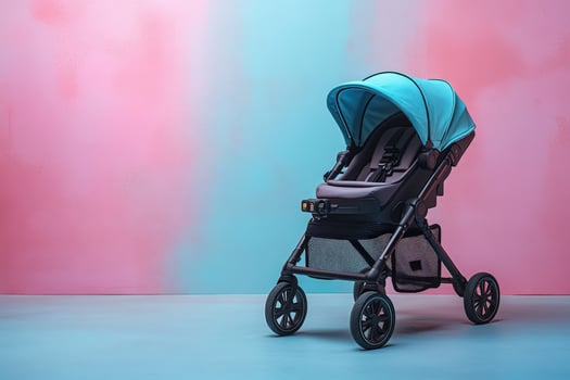 A blue stroller in front of a pink and blue wall photo