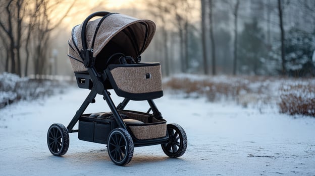 A baby stroller in the snow photo