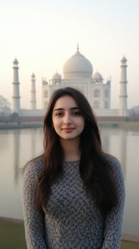 Young Woman Standing in Front of Taj Mahal, Posing for Photo. photo