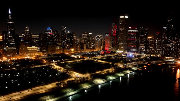 Outside Chicago Skyline in Chicago Illinois in United States.. Famous Cinematic. photo