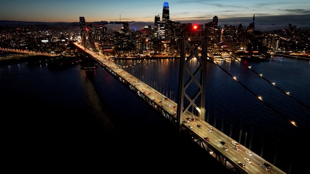 Exterior Sunset Oakland Bay Bridge at San Francisco in California United States . Scenic Landscape. photo