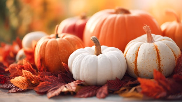 Colorful pumpkins and autumn leaves photo