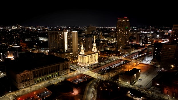 Landmark Illuminated Church at Philadelphia Pennsylvania in United States.. Scenic Landscape. photo