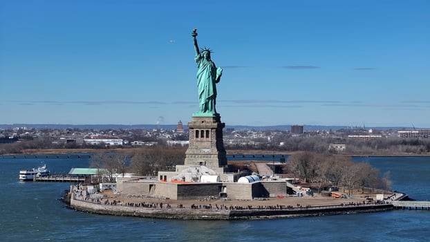 Above view of Statue of Liberty at Manhattan New York in United States. Scenic Background. photo