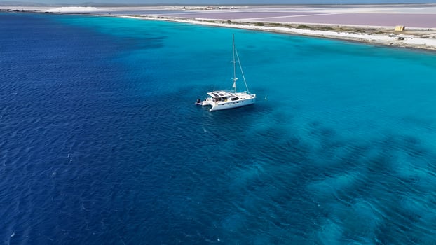 Aerial Landscape of sailboat Sailing at Kralendijk Bonaire Netherlands Antilles . Awesome Scenery. photo