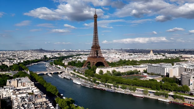 Aerial View of Eiffel Tower at Paris Island of France in France. Stunning Cinematic. photo