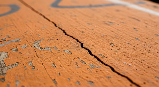 Weathered concrete surface with crack, dirt, and faded graffiti details. photo