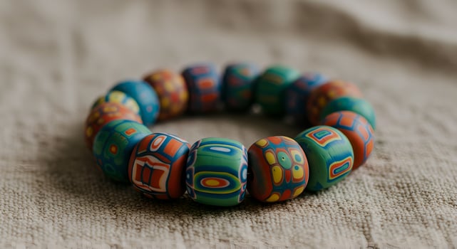 Colorful clay bracelet with glossy beads on textured linen fabric. photo