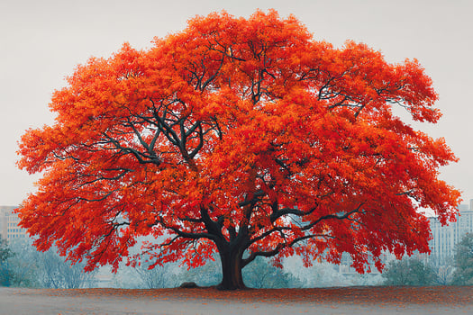 Realistic maple tree with fiery red canopy standing tall in an urban setting during peak autumn photo