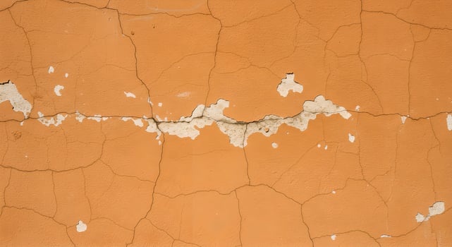 Weathered orange concrete wall with cracks, peeling paint, and stains. photo