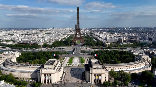 Exterior Eiffel Tower at Paris Island of France France. Stunning Cinematic. photo