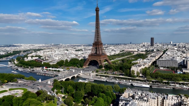 Above Eiffel Tower at Paris Island of France in France. Beautiful Cinematic. photo