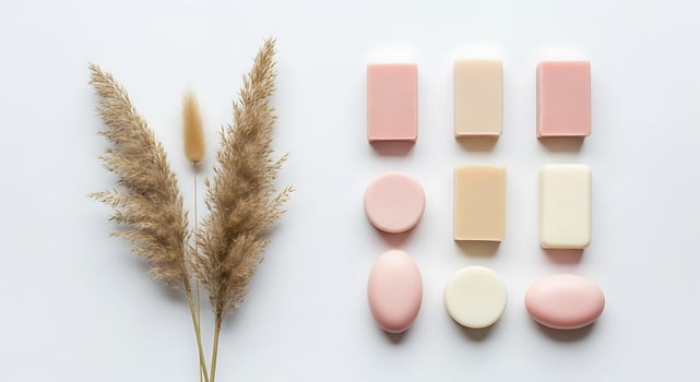 Natural beauty products and dried pampas grass arranged on a clean white background for a minimalist aesthetic photo