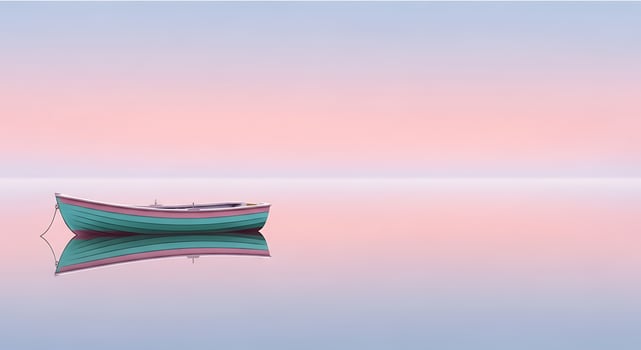 Serene teal rowboat floating on calm water reflecting a soft pink and blue gradient sky at dawn photo