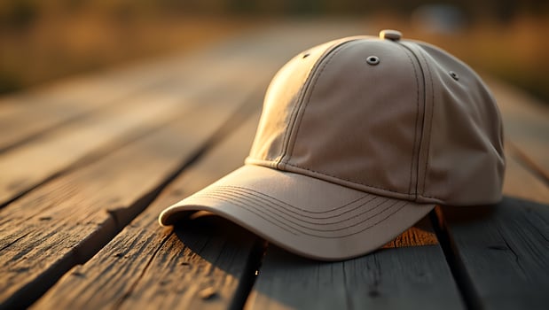 Beige Baseball Cap on Rustic Wood in Warm Golden Light. photo