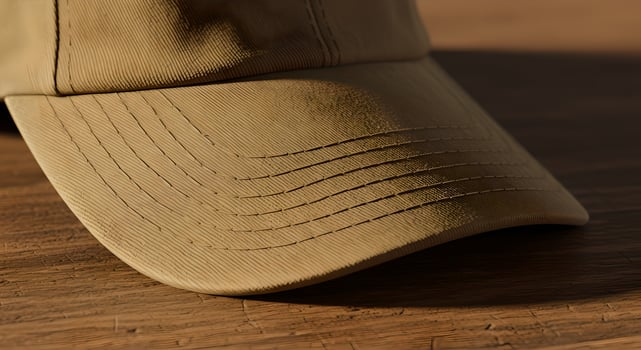 Macro Close-Up Beige Baseball Cap on Rustic Wood in Warm Light. photo