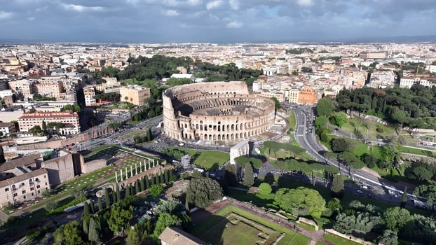 Aerial Landscape of Rome Coliseum in Rome Lazio in Italy. Awesome Cinematic. photo