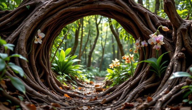 a natural archway of roots and orchids leads into a deeper, untouched part of the forest. photo