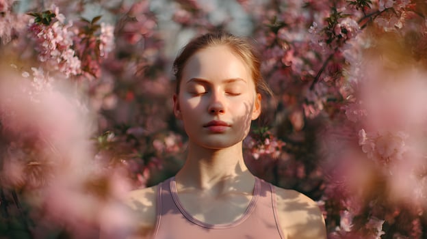 Portrait of a beautiful young woman with closed eyes in a blooming garden. Meditation concept. photo