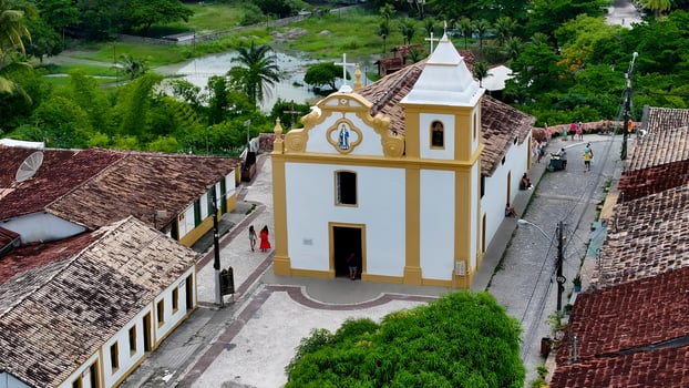 Aerial Landscape of Arraial dAjuda Church at Arraial dAjuda Bahia Brazil. Famous Cinematic. photo
