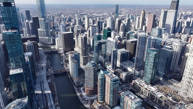 Amazing Chicago Skyline in Chicago Illinois in United States.. Stunning Cinematic. photo