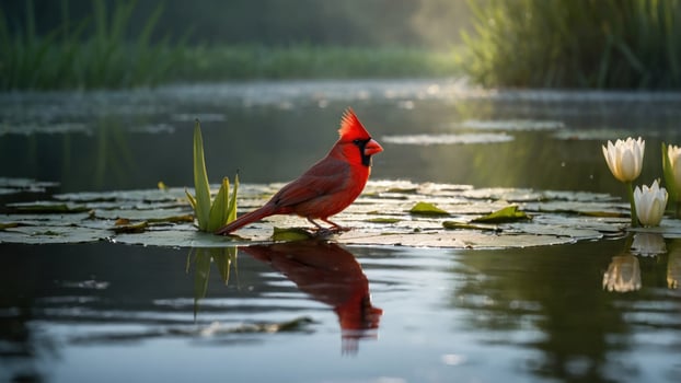 Vibrant cardinal perched on lily pads in a serene pond at dawn, surrounded by lush greenery photo